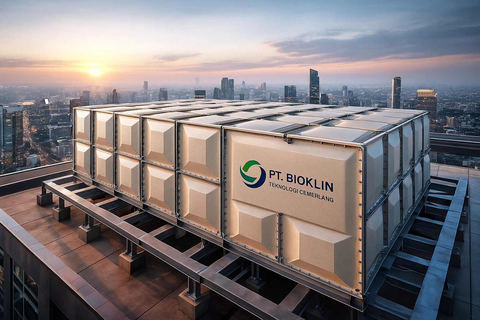 panel roof tank FRP PT. Bioklin Teknologi Cemerlang di rooftop gedung bertingkat