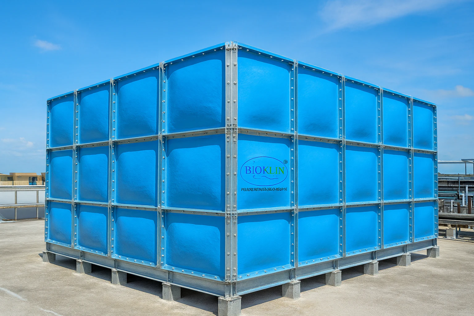 tangki panel FRP PT. Bioklin Teknologi Cemerlang dengan struktur rangka baja di area industri