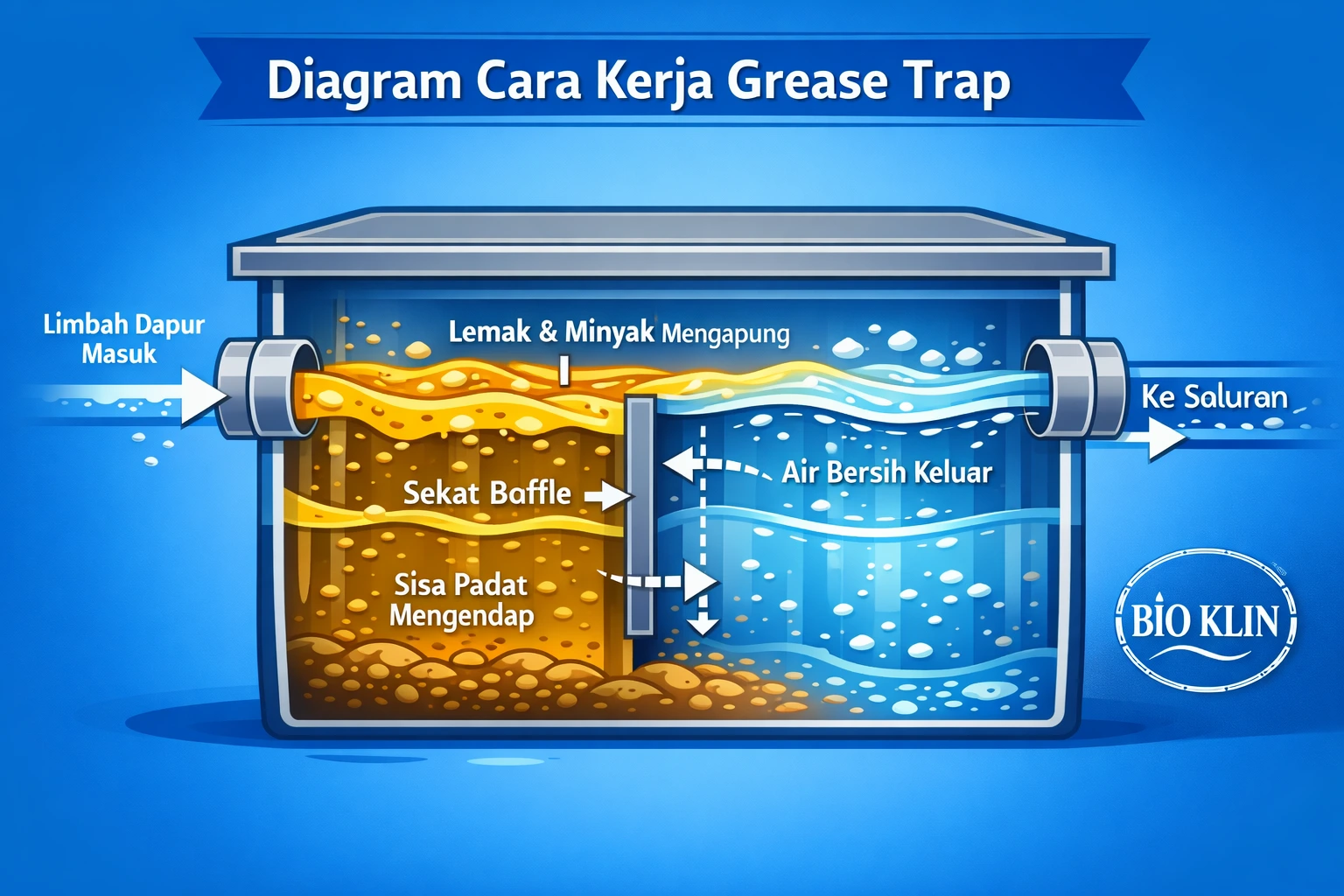 Diagram apa itu grease trap dan cara kerjanya dalam sistem limbah dapur.