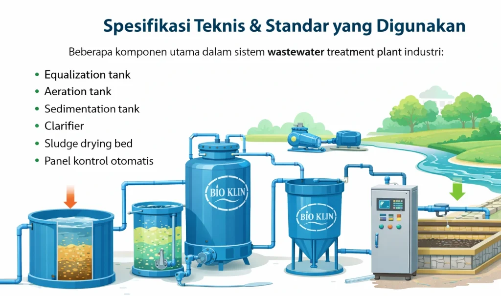 Diagram instalasi WWTP industri lengkap dengan equalization tank, aeration tank, sedimentation tank dan panel kontrol otomatis