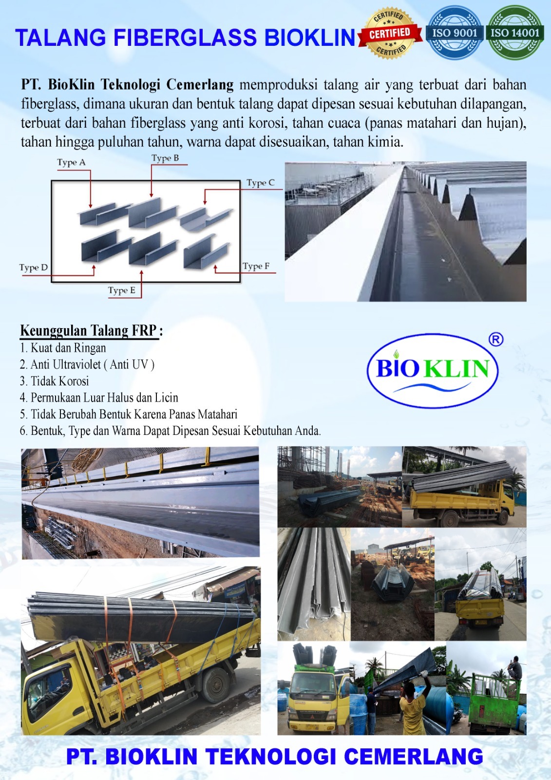 Talang fiberglass BIOKLIN untuk gedung dan pabrik