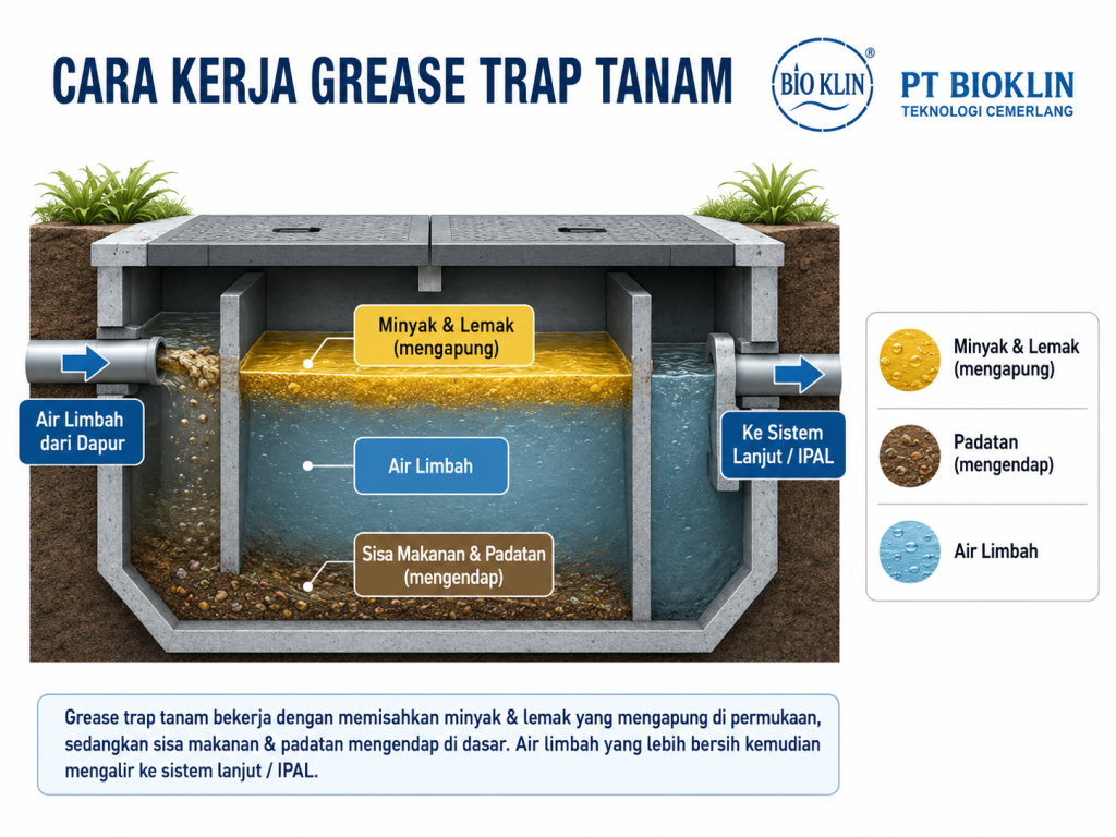 Cara kerja grease trap tanam memisahkan minyak lemak dan air limbah dapur