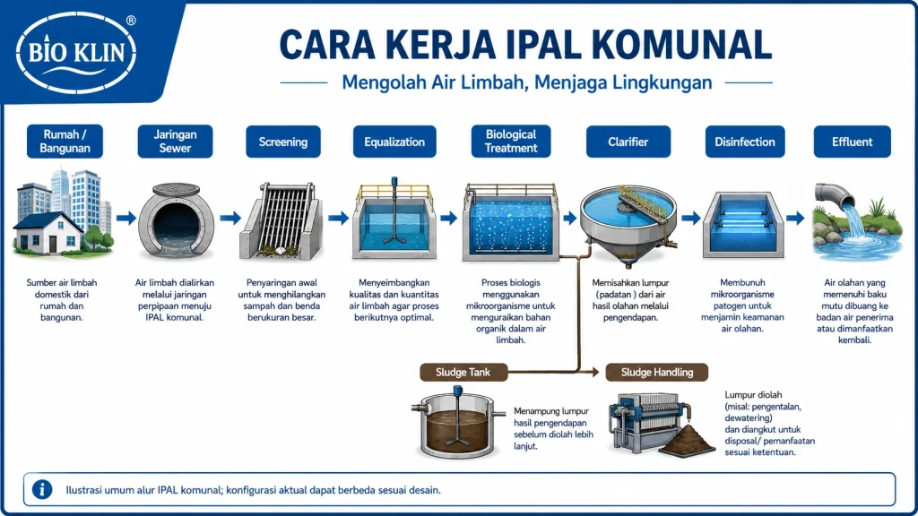 Diagram cara kerja IPAL komunal dari jaringan sewer hingga pengolahan effluent