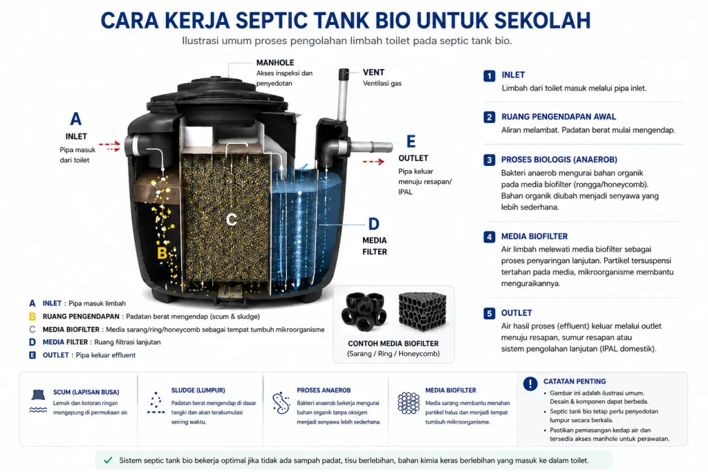 Diagram alur pengolahan limbah toilet pada septic tank bio sekolah